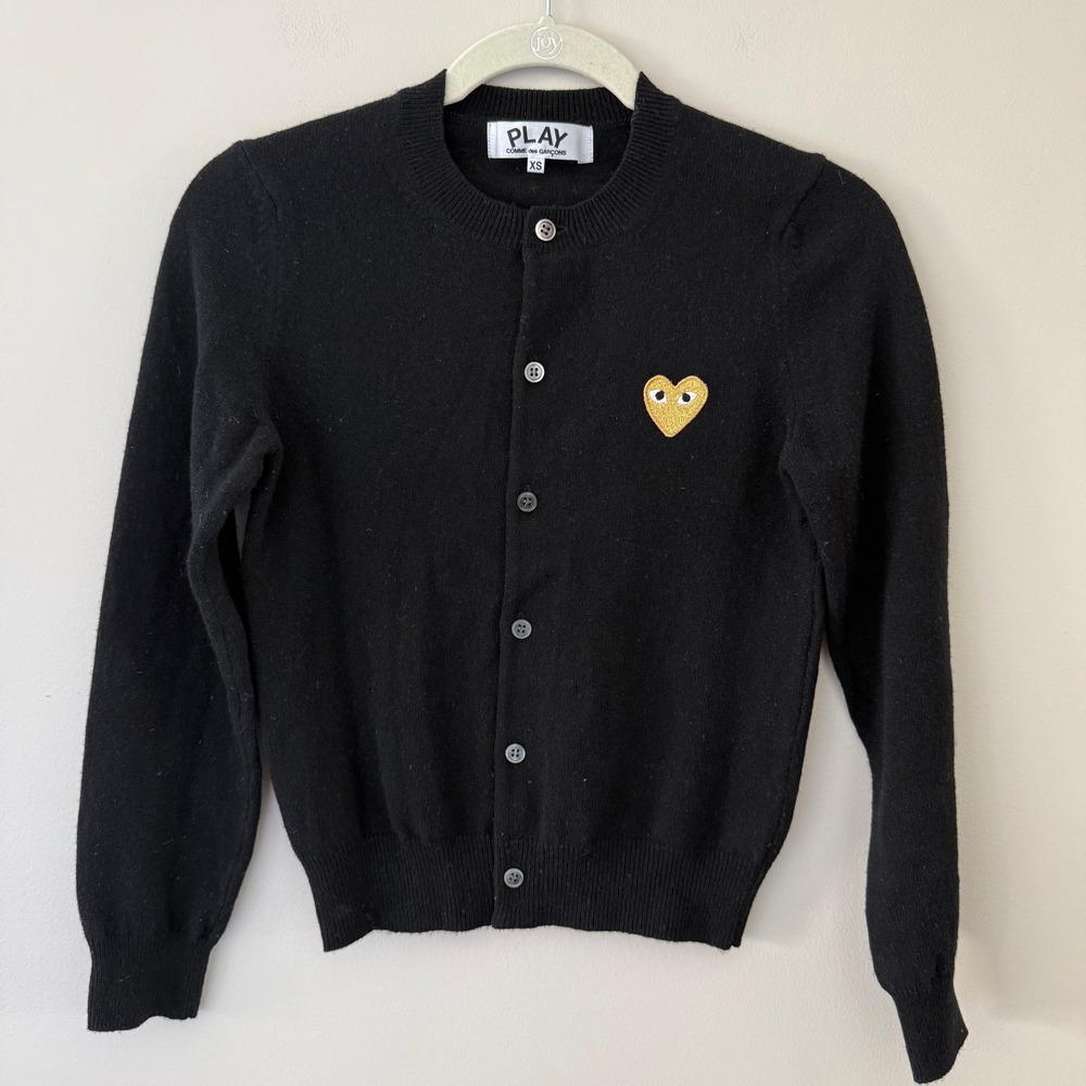 Comme des Garcons Play Black Wool Cardigan Gold Heart Logo XS AZ-N007